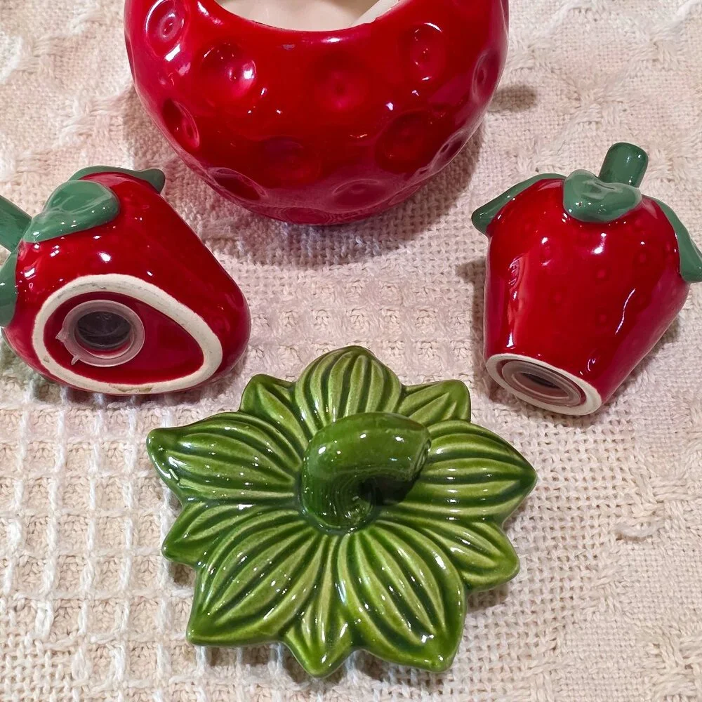 Vintage Brinn's Ceramic Strawberry Jam Jar and Salt & Pepper Shakers PA